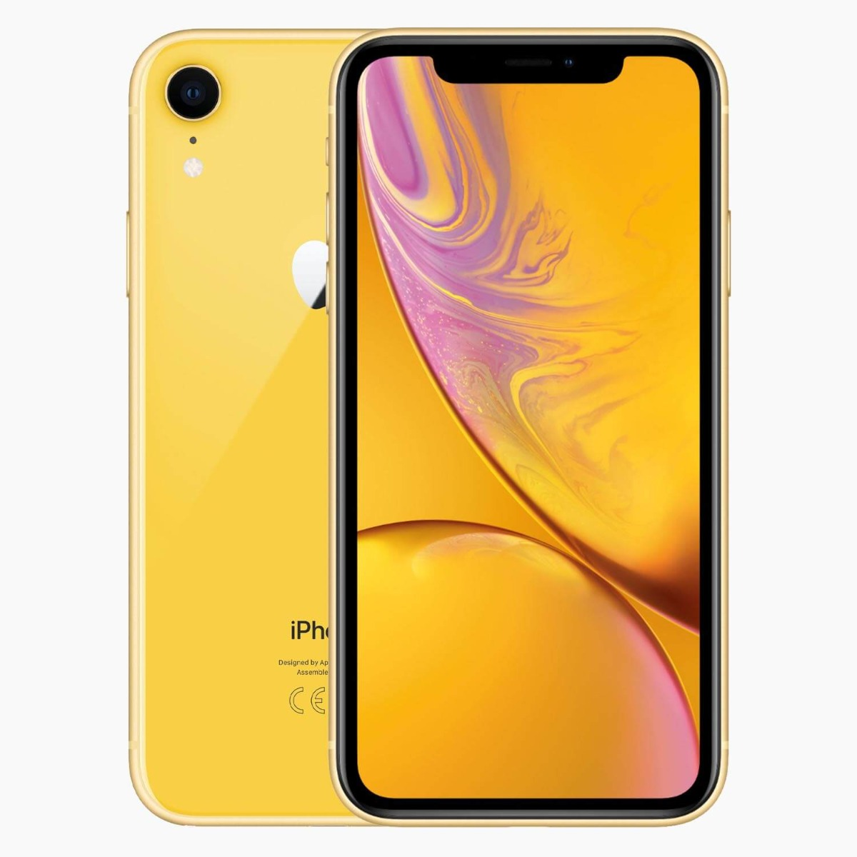 Un iPhone XR giallo, vista anteriore e posteriore. Lo schermo mostra un'immagine astratta arancione e rosa. Il telefono è su sfondo bianco.
