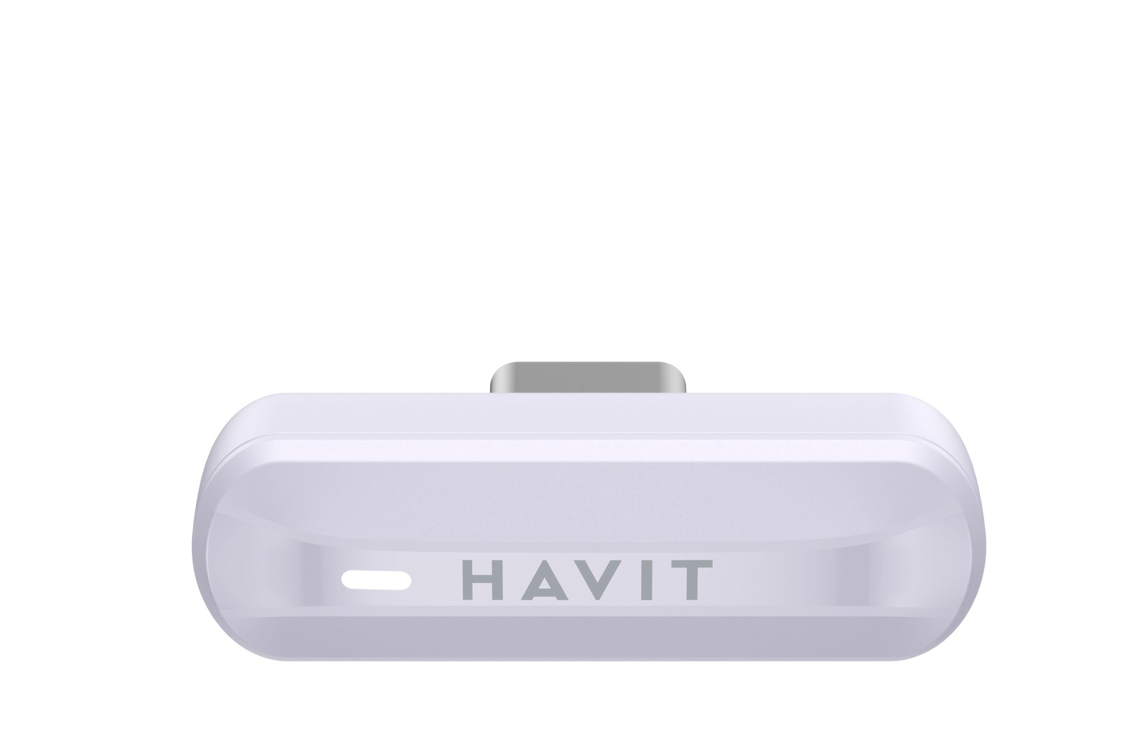 Białe, prostokątne urządzenie z zaokrąglonymi krawędziami. Na przodzie napis 'HAVIT'. Na górze szare złącze.