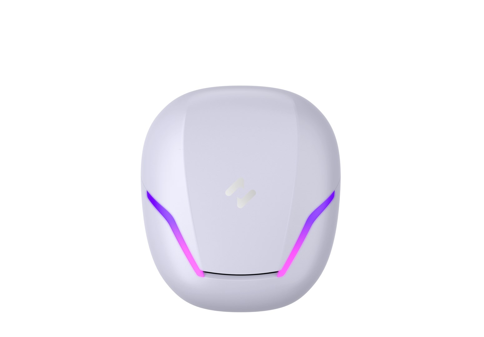 Biała bezprzewodowa wkładka douszna z fioletowymi światłami akcentującymi. Dwa małe białe znaki z przodu. Na białym tle.