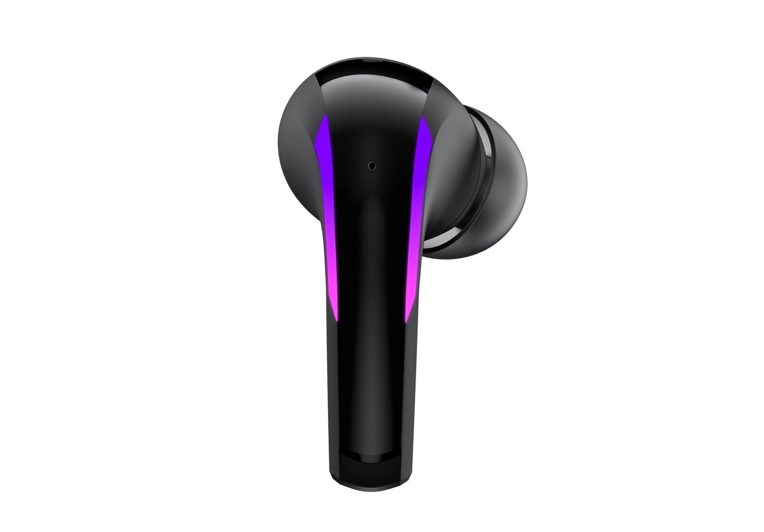 Czarny bezprzewodowy pączek z fioletowym paskiem świetlnym na białym tle. Pączek jest błyszczący.