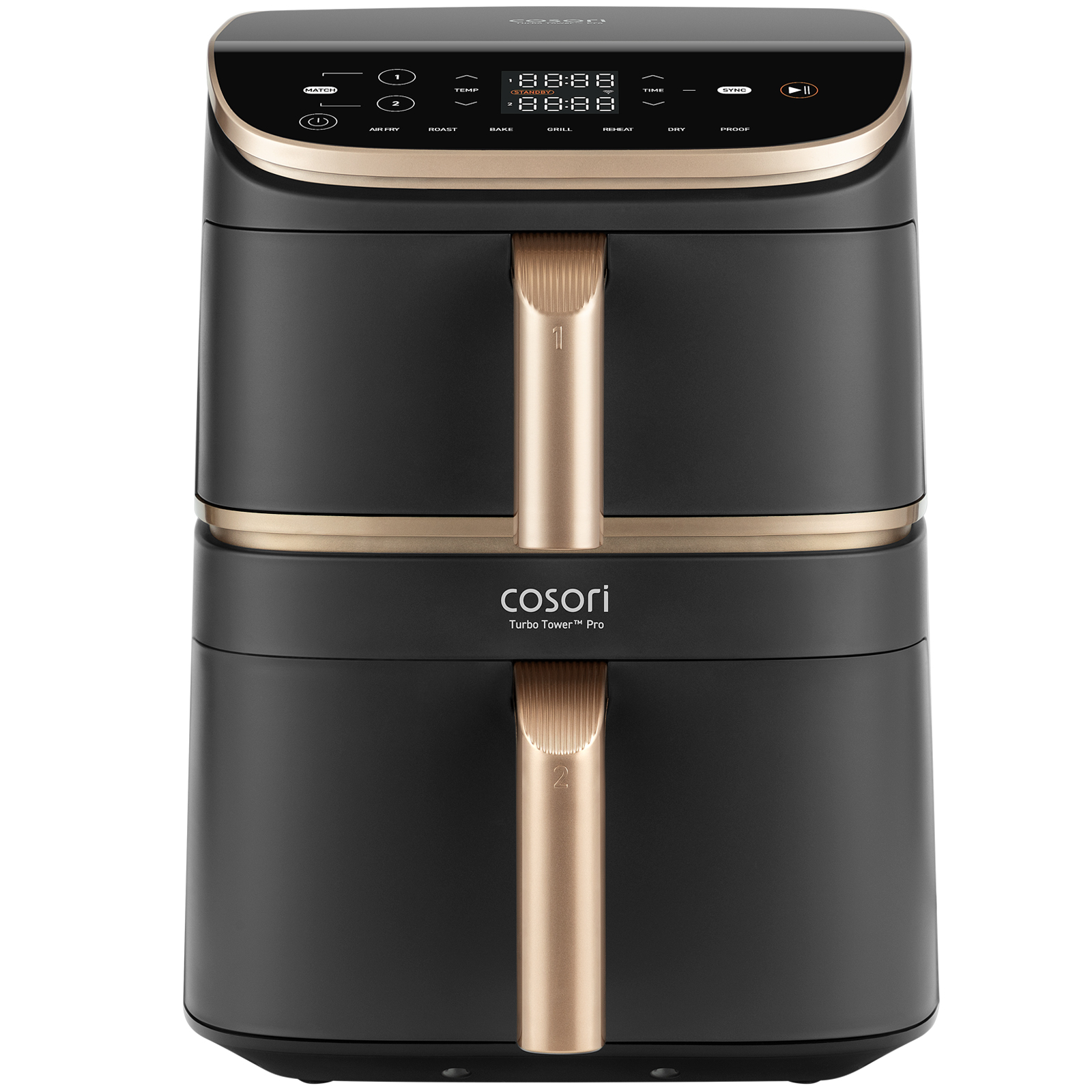 Friteuse à air Cosori Turbo Tower Pro noire avec des accents dorés. Elle a un affichage numérique et des poignées.