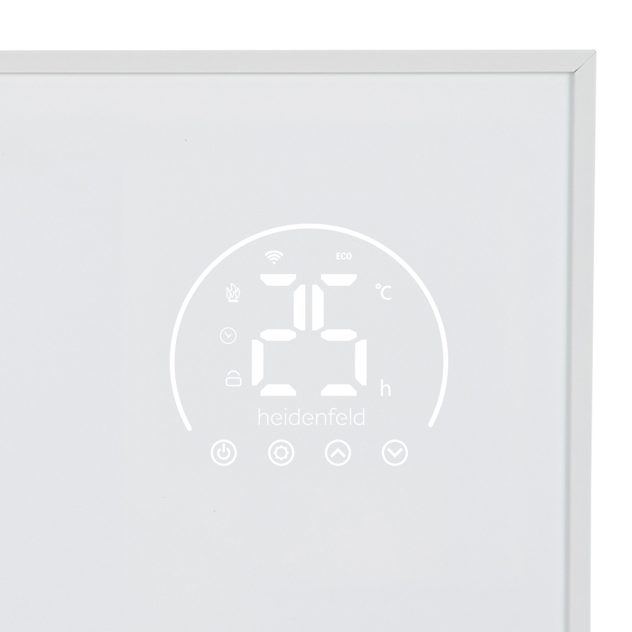 Weißes Digitaldisplay mit 25 Grad, WLAN-Symbol und der Marke 'heidenfeld'. Der Rahmen ist weiß.