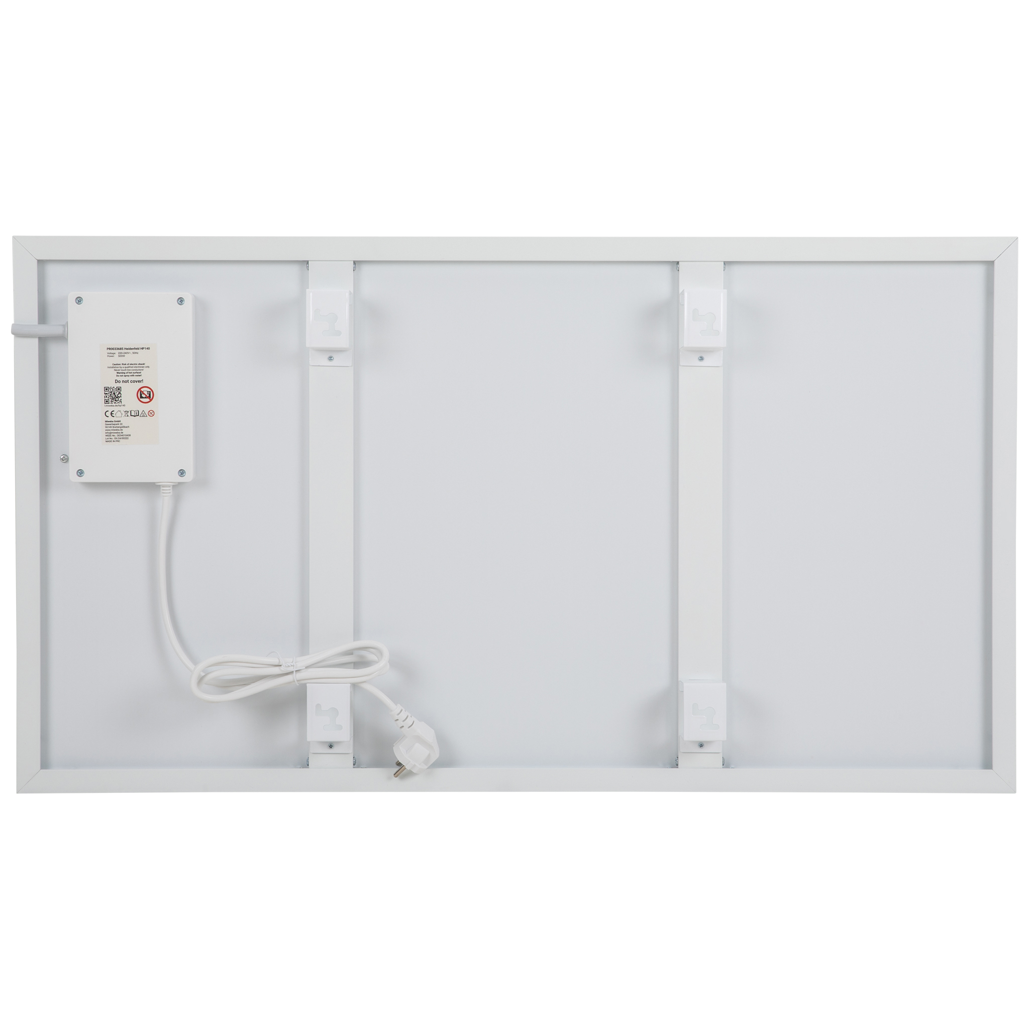Rückseite eines weißen Elektro-Paneelheizkörpers. Enthält Netzkabel, Anschlusskasten und Montagehalterungen.