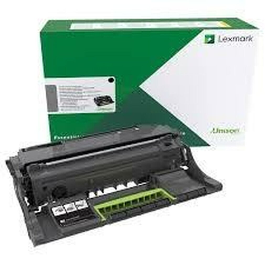 Una cartuccia di stampa Lexmark nera si trova di fronte a una scatola verde e bianca con il logo Lexmark. La cartuccia ha un componente verde.