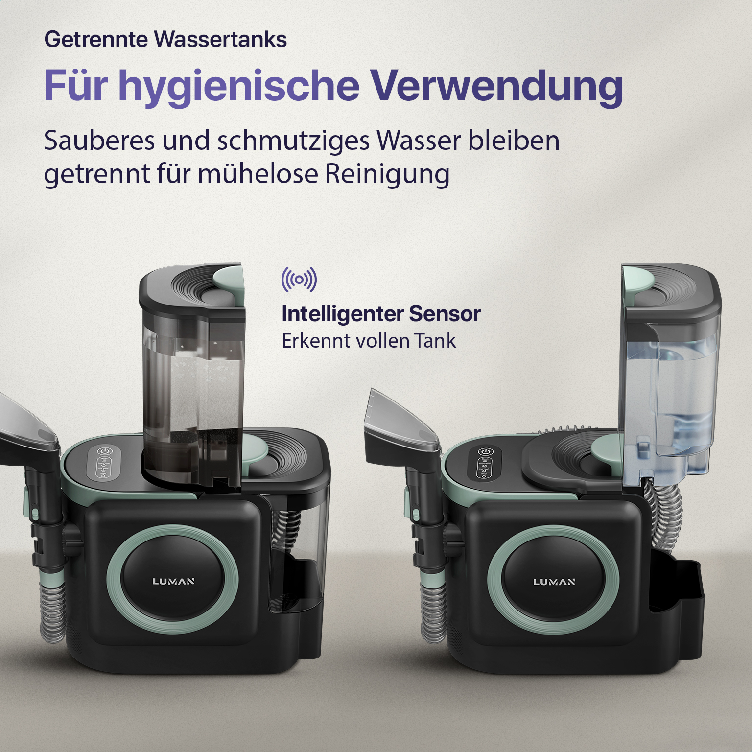 Zwei schwarze und türkisfarbene Wassertanks mit dem Markennamen LUMAN. Ein Tank ist geöffnet und zeigt sauberes Wasser. Der Text lautet: 'Für hygienische Verwendung'.