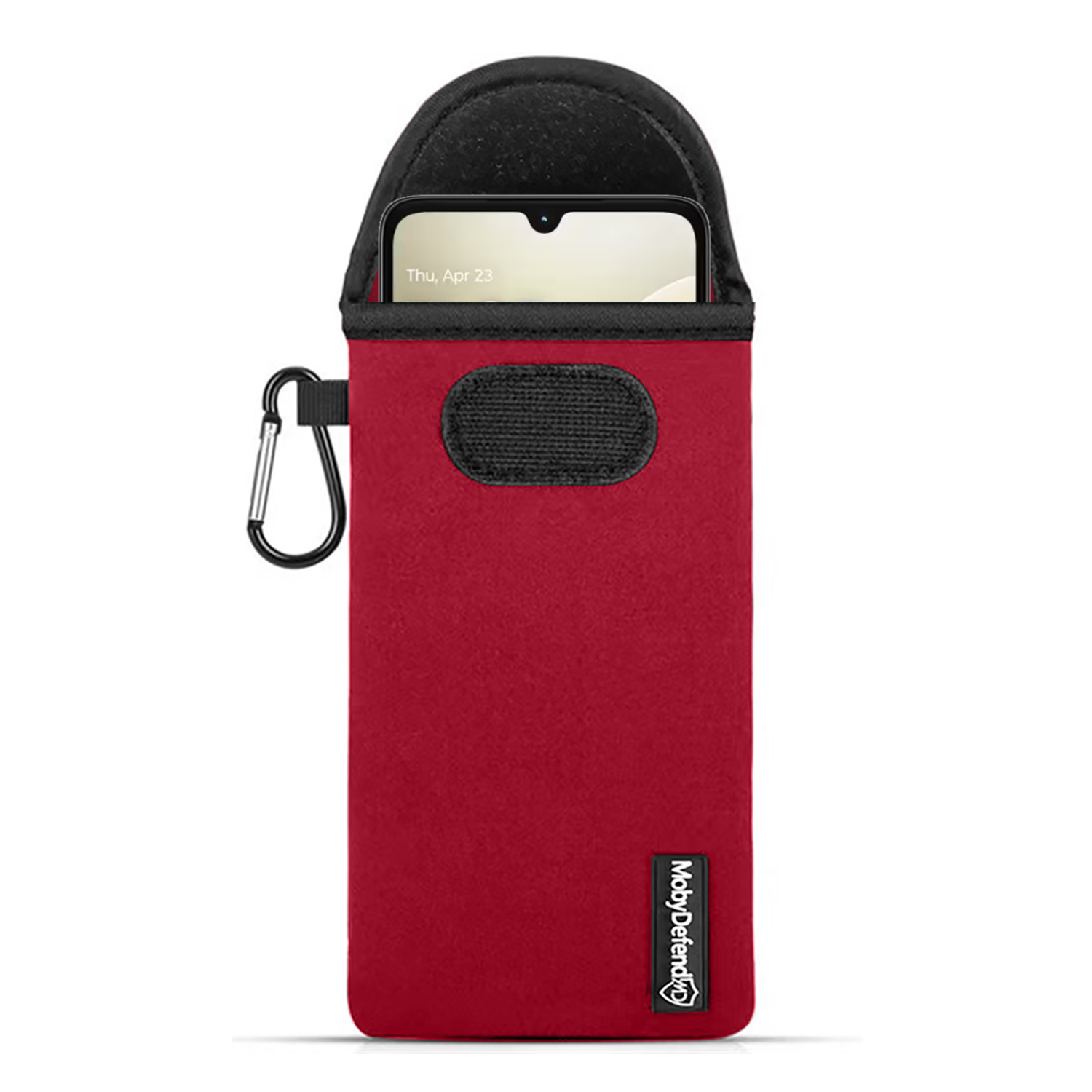 Un étui de téléphone rouge avec un dessus noir et un téléphone à l'intérieur. Il a un mousqueton et un logo MobyDefend.
