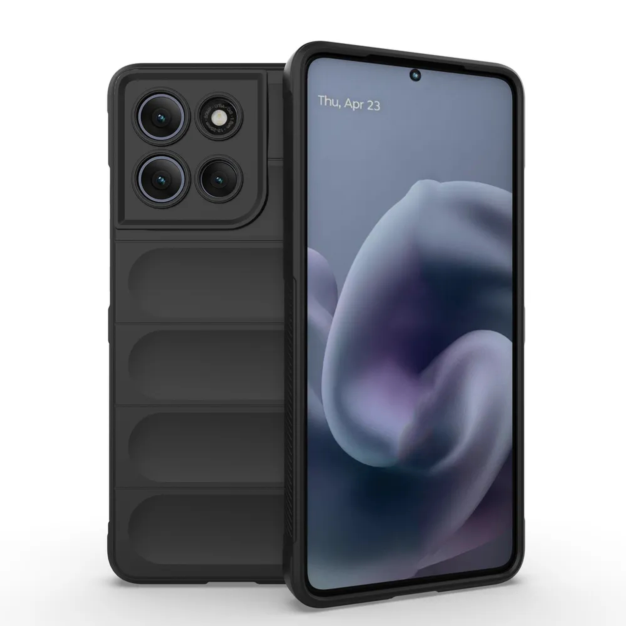 Een zwarte smartphone met een beschermhoes. Het scherm toont een abstracte afbeelding. De telefoon heeft meerdere camera's.