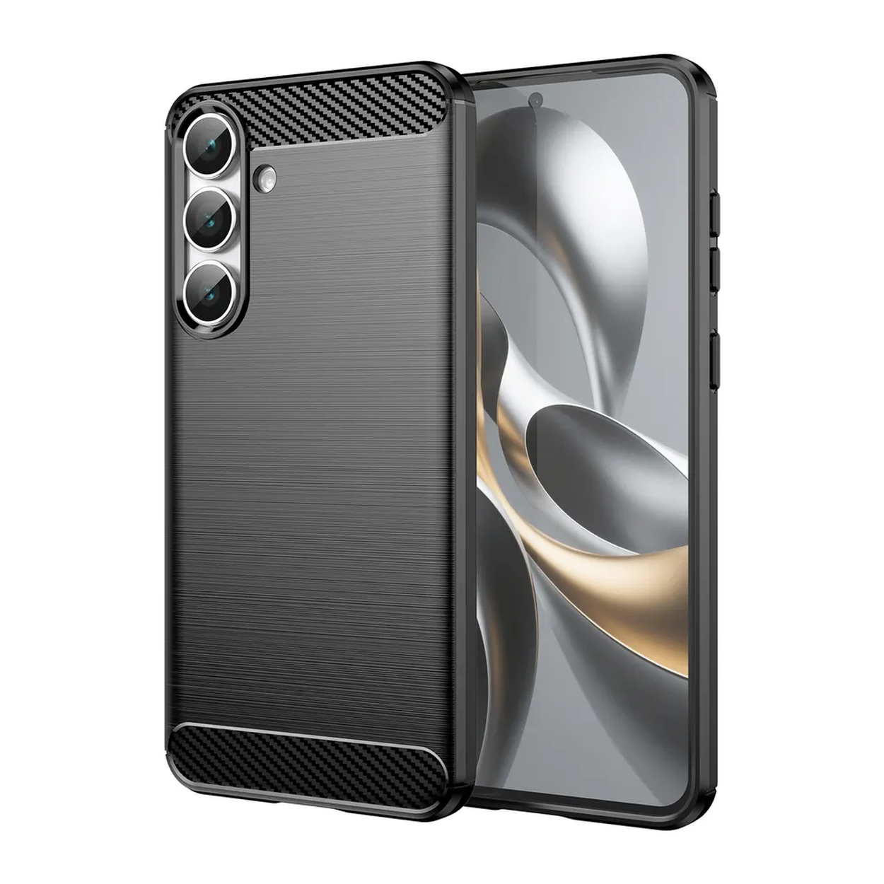 Een zwarte smartphonehoes met een koolstofvezelontwerp wordt naast de telefoon getoond. Het scherm toont een gouden abstracte afbeelding.