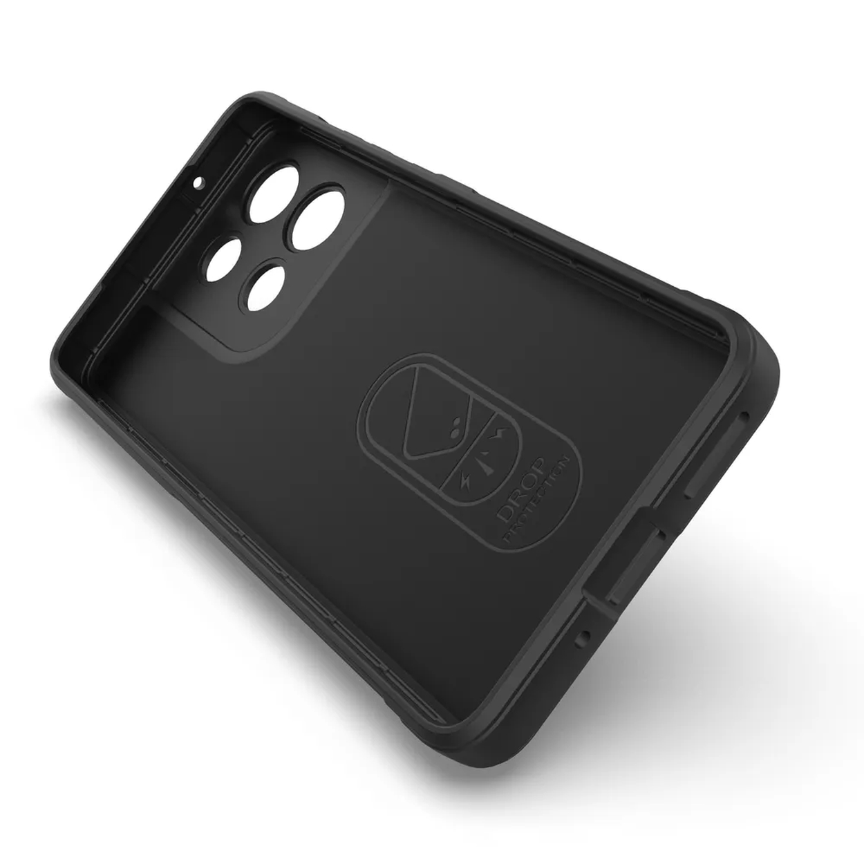Zwarte telefoonhoes, schuine weergave. Zichtbare uitsparingen voor camera en knoppen. 'Drop Protection' logo aanwezig.
