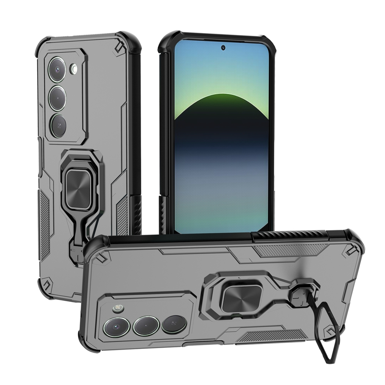 Grijze telefoonhoesjes met zwarte accenten worden getoond. Eén heeft een telefoon erin. Hoesjes hebben camera-uitsparingen en ringhouders.
