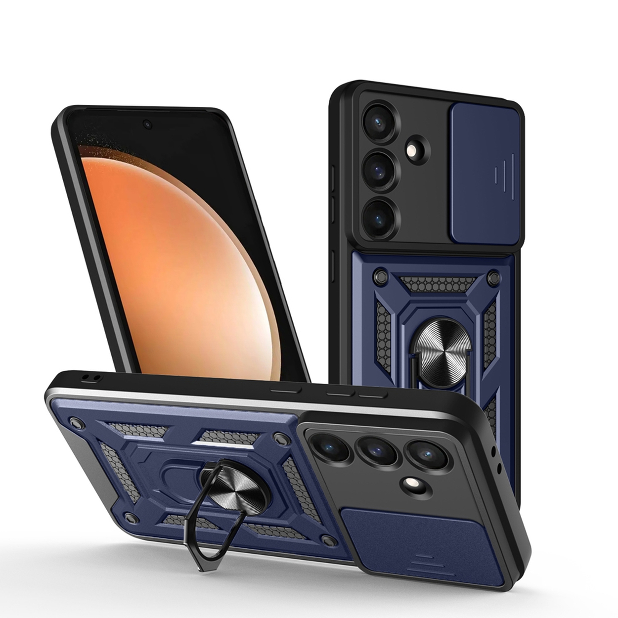 Trois smartphones avec des étuis de protection noirs et bleus sont affichés. Les étuis ont des caches d'appareil photo et des supports d'anneau.