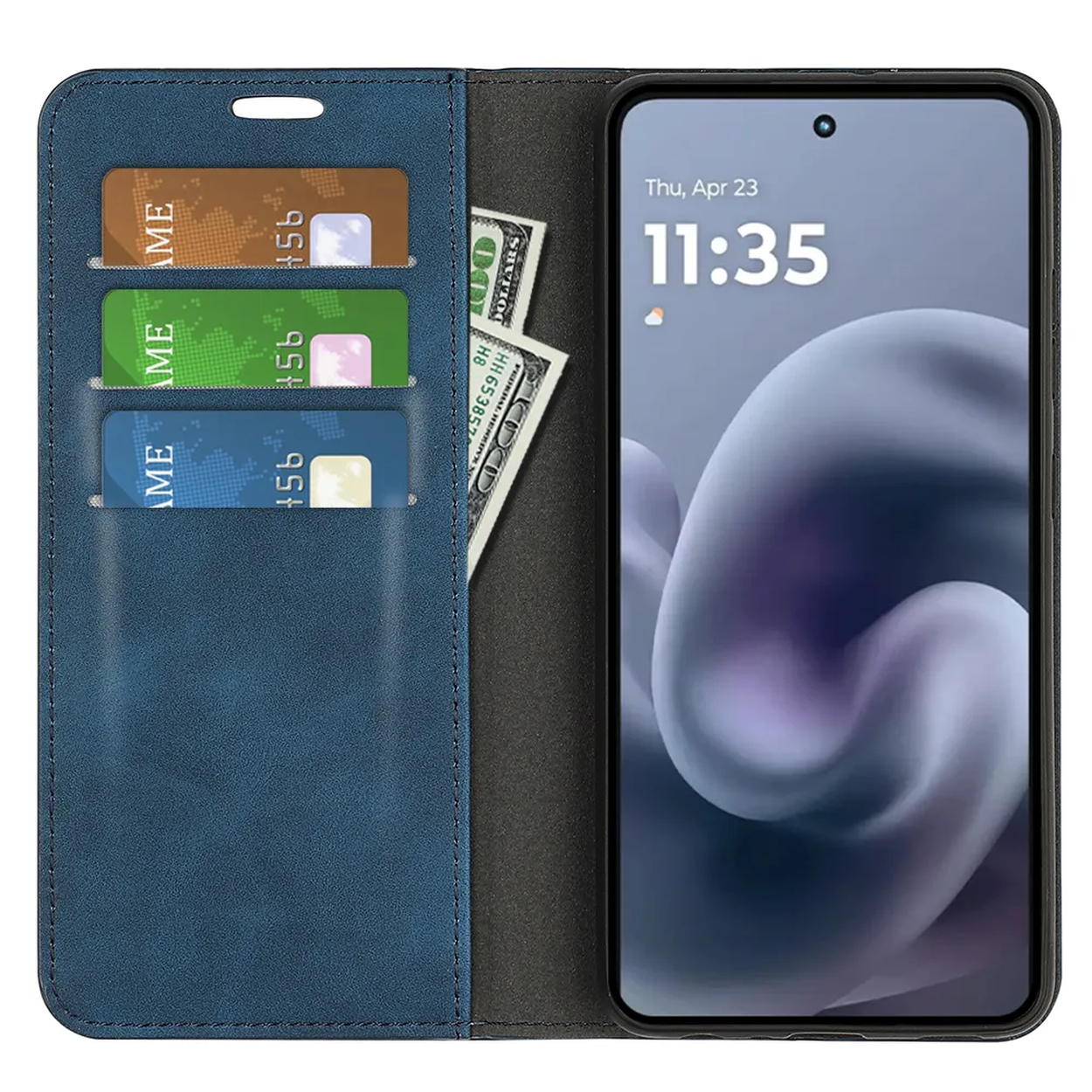 Blue phone case open, showing three credit cards, dollar bills, and a smartphone displaying the time.