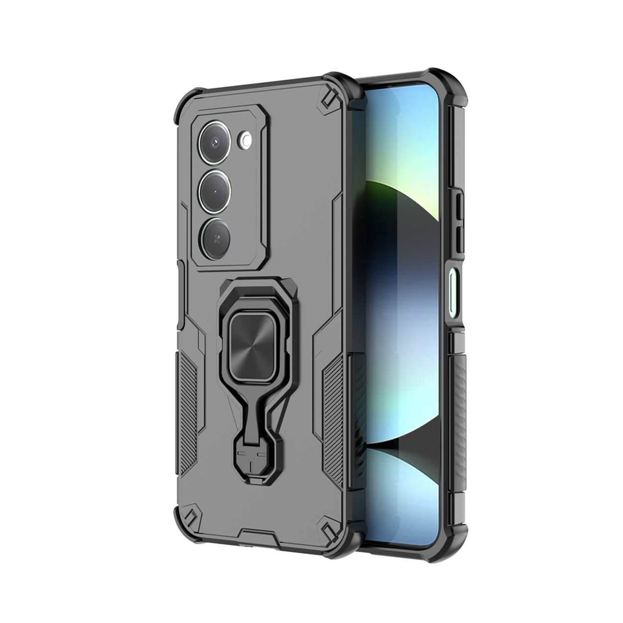 Een grijze telefoonhoes met een zwart frame wordt weergegeven. Het heeft een cameragedeelte, een ringhouder en een zichtbaar scherm.