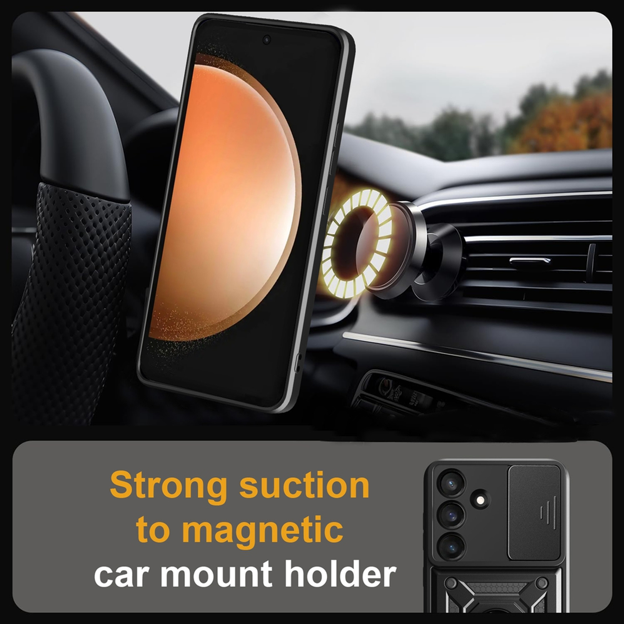 Un téléphone est monté sur un support magnétique de voiture. L'écran du téléphone affiche un dégradé orange. L'intérieur de la voiture est visible.