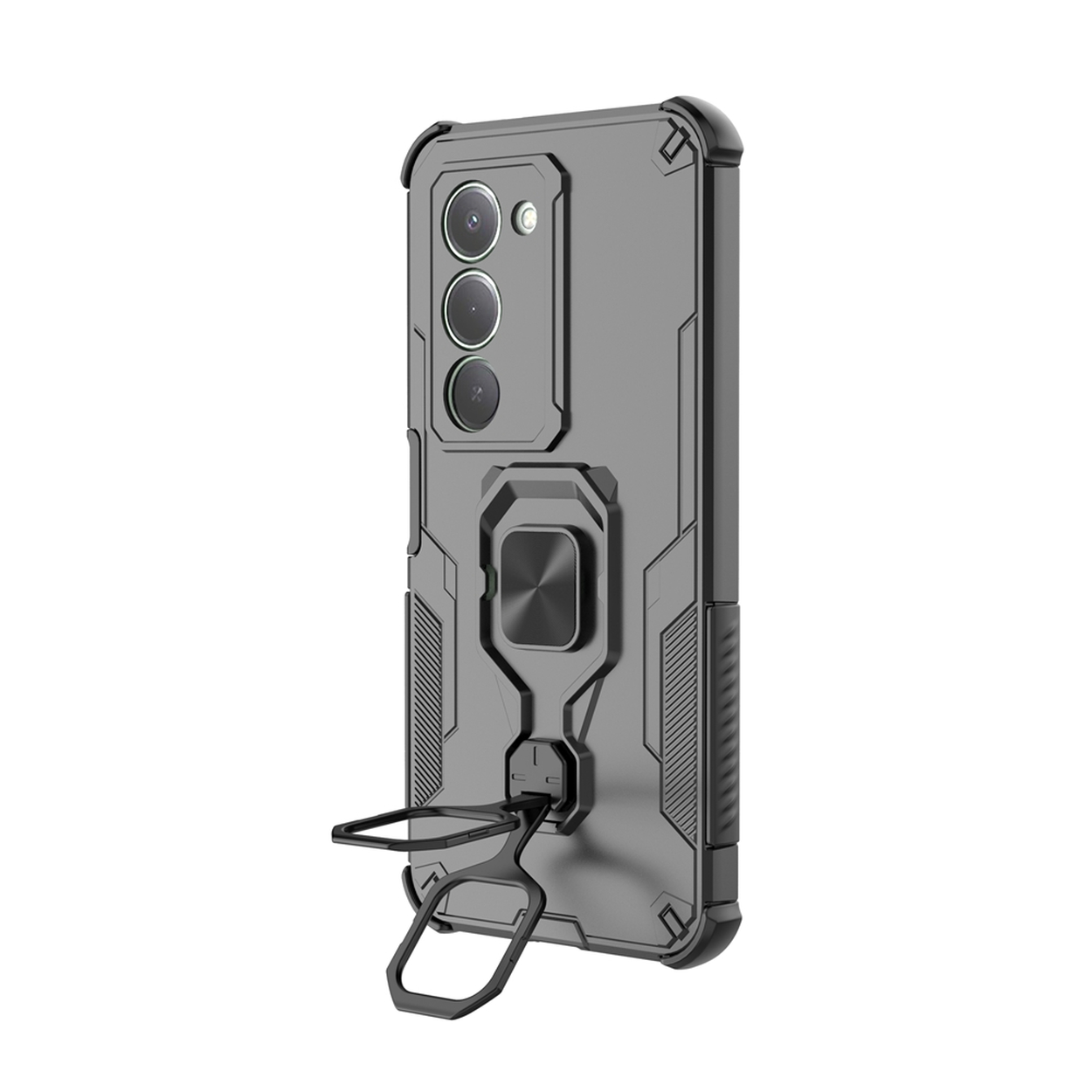 Een grijze telefoonhoes met een standaard en camera-uitsparingen. De hoes heeft een magnetische ringhouder en een zwarte bumper.