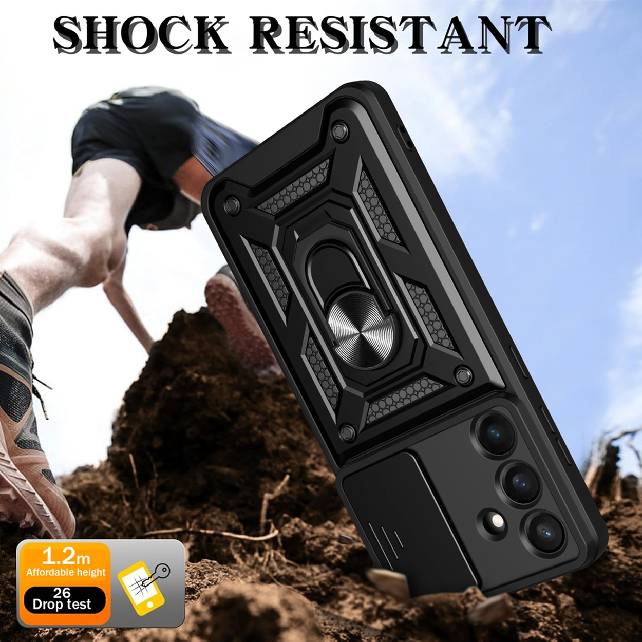 Coque de téléphone noire avec support à anneau. Une personne grimpe une colline. Texte : Résistant aux chocs, 1,2 m Hauteur abordable, Test de chute 26.