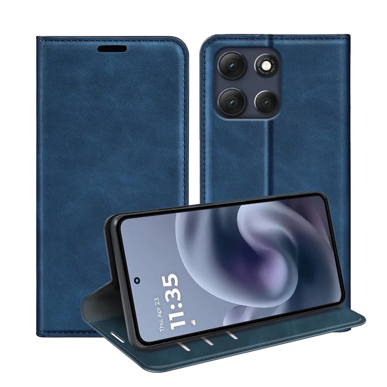 Blue phone case with a phone inside. The phone displays time and date. The case is open.