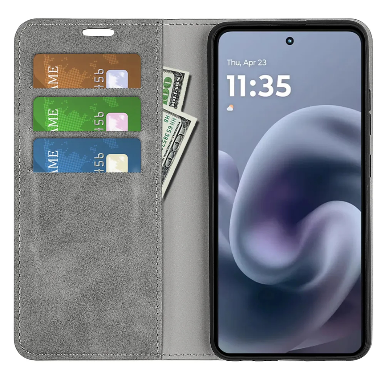 A gray phone case open, displaying a phone, cards, and money. The phone screen shows time. Cards are brown, green, and blue.