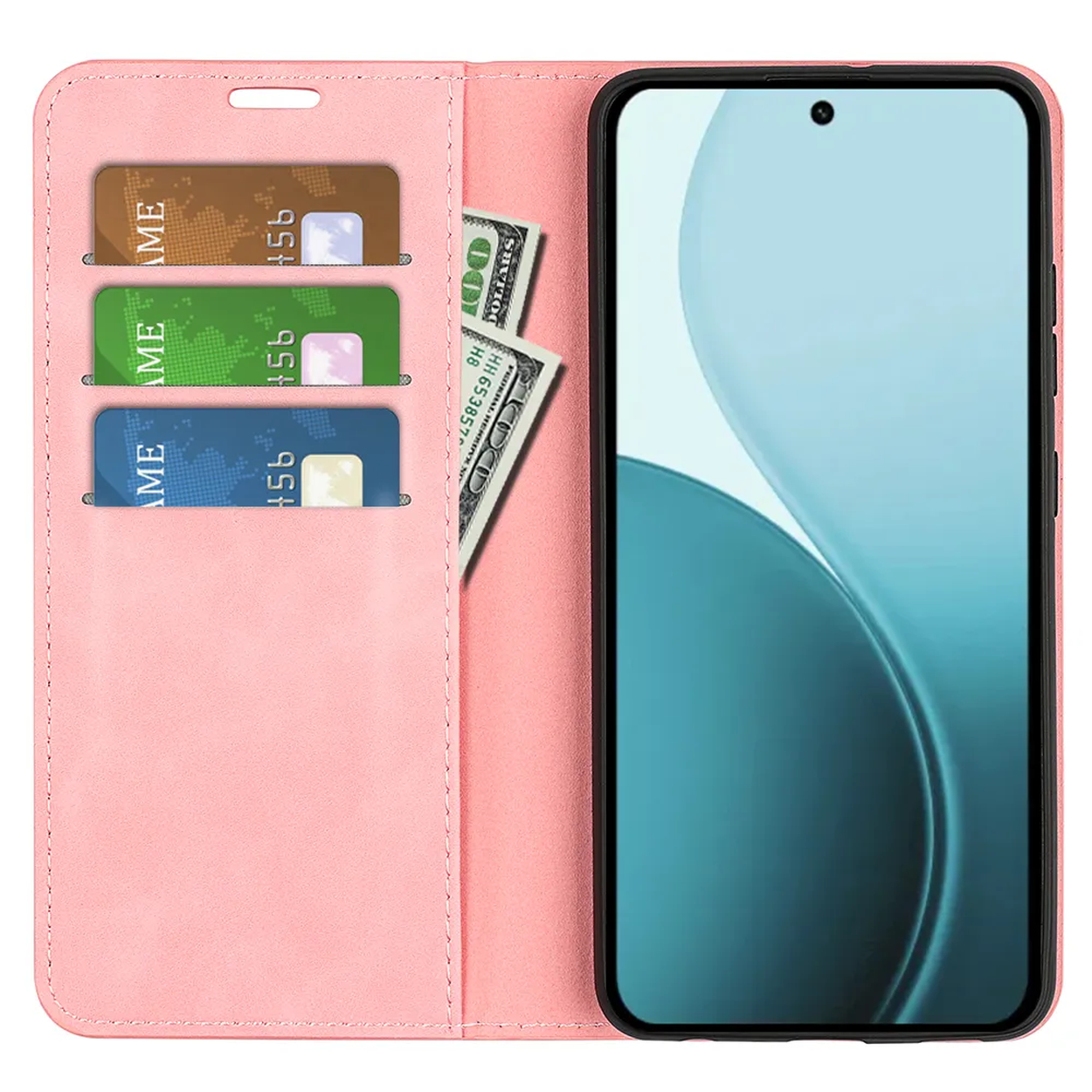 Étui de téléphone rose avec cartes de crédit et argent. Un smartphone est à l'intérieur. Le fond est uni.