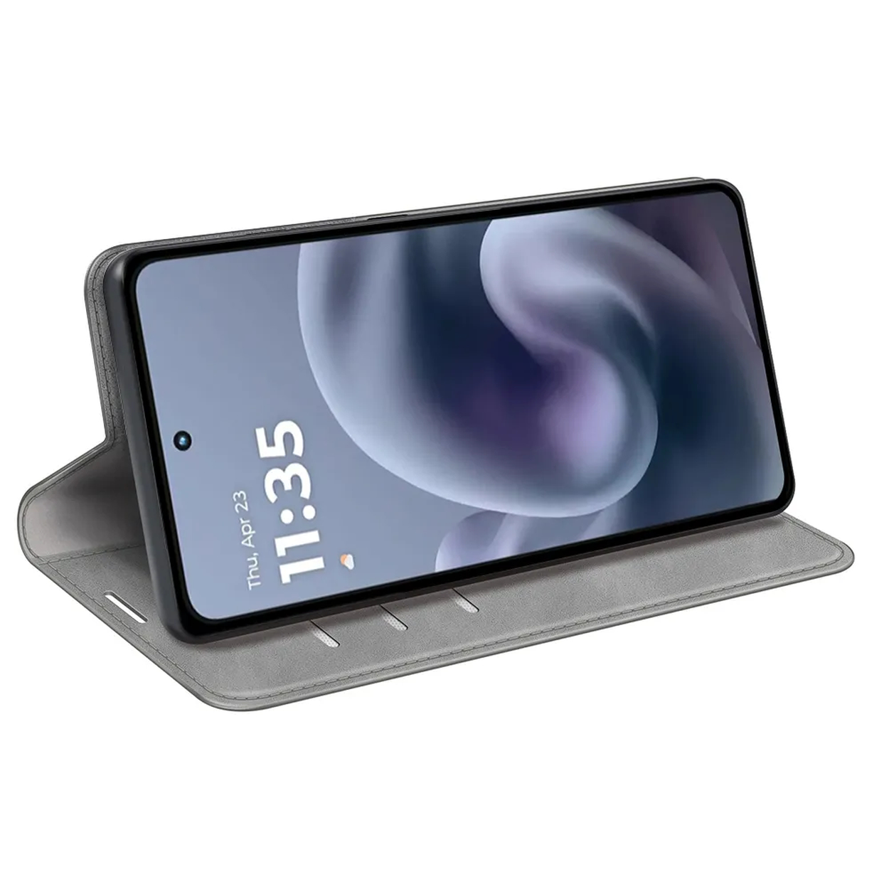 A smartphone with a black frame is propped up in a gray case. The screen displays 11:35 and the date. The case is open.
