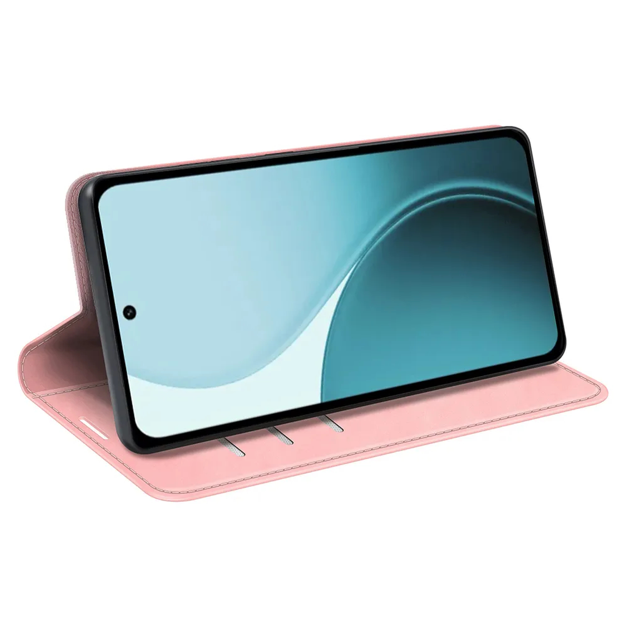 Un smartphone avec un écran bleu clair est dans un étui rose, debout.