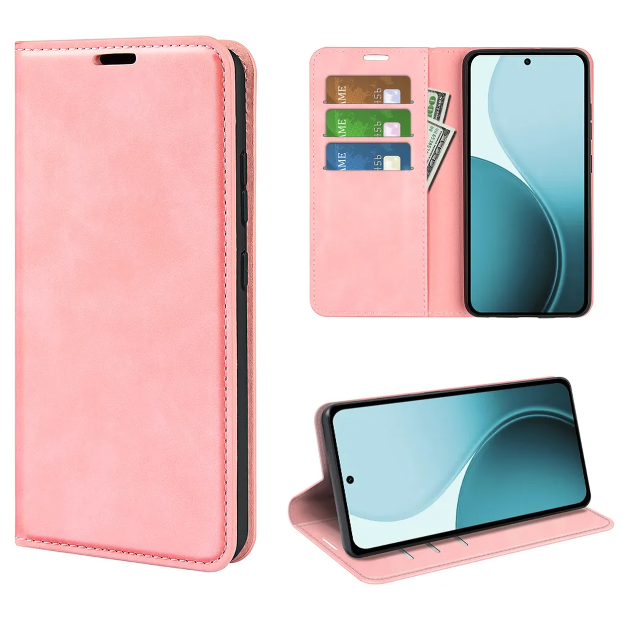 Étui de téléphone rose avec trois vues. Téléphone dans l'étui, étui ouvert avec cartes et argent, et téléphone soutenu.