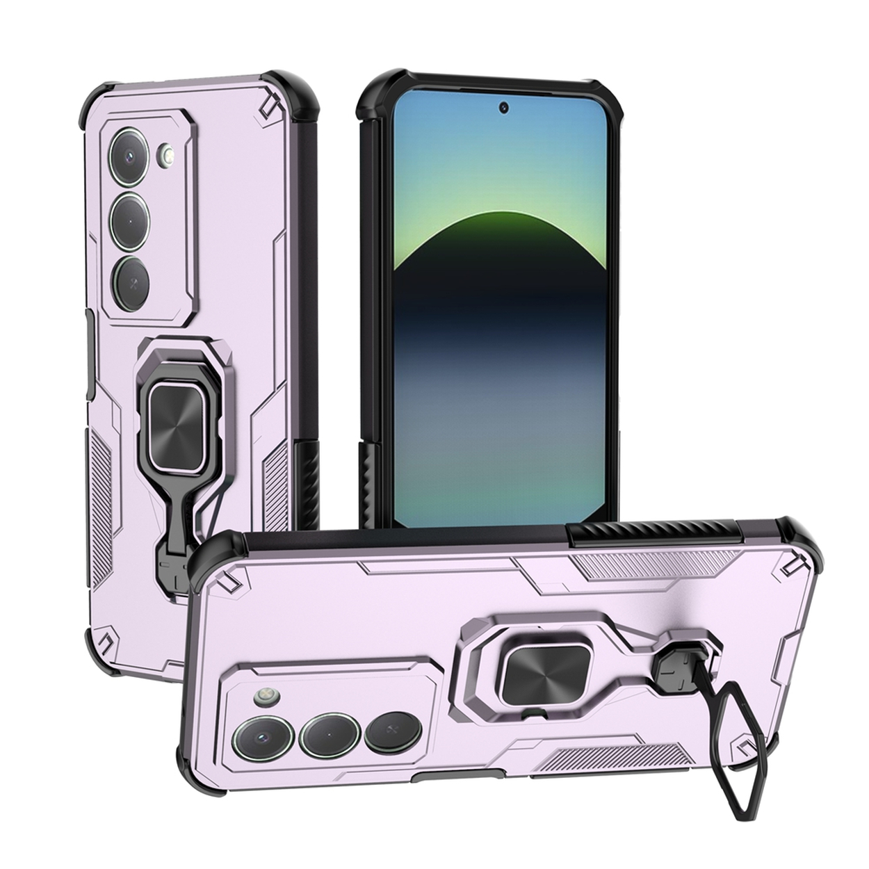 Un étui de téléphone avec un téléphone à l'intérieur, en trois positions différentes. L'étui est violet clair avec des accents noirs. Un support de bague est attaché.