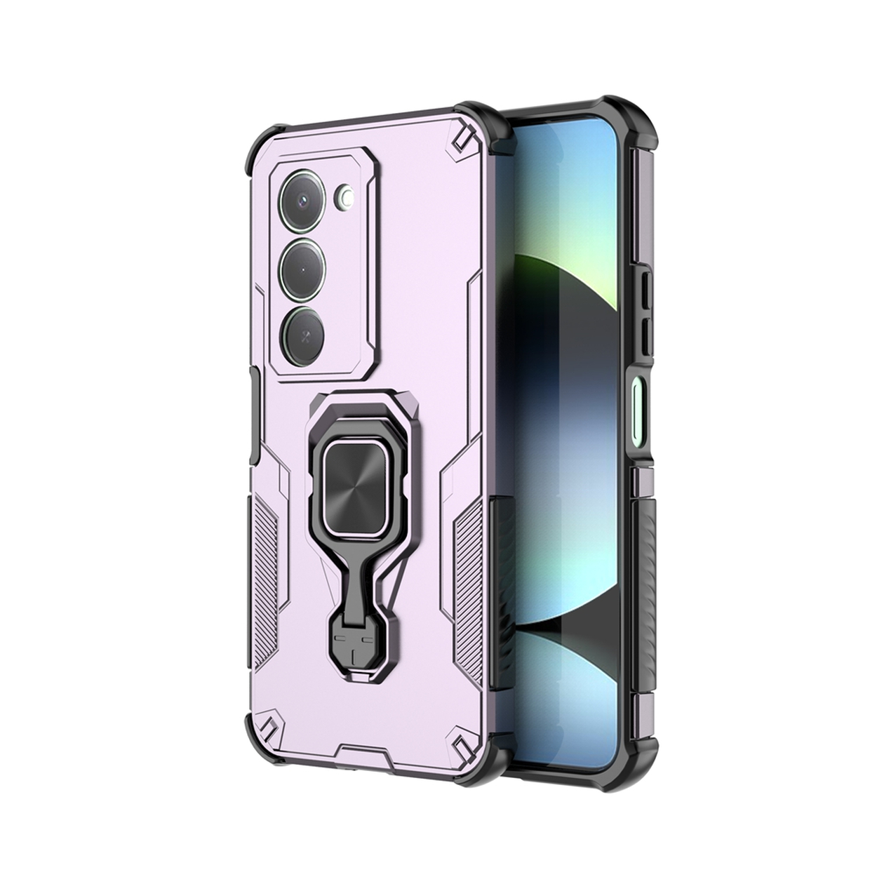 Une coque de téléphone lavande avec un cadre noir. Elle possède un support de bague et un module caméra à trois lentilles. L'écran du téléphone est visible.