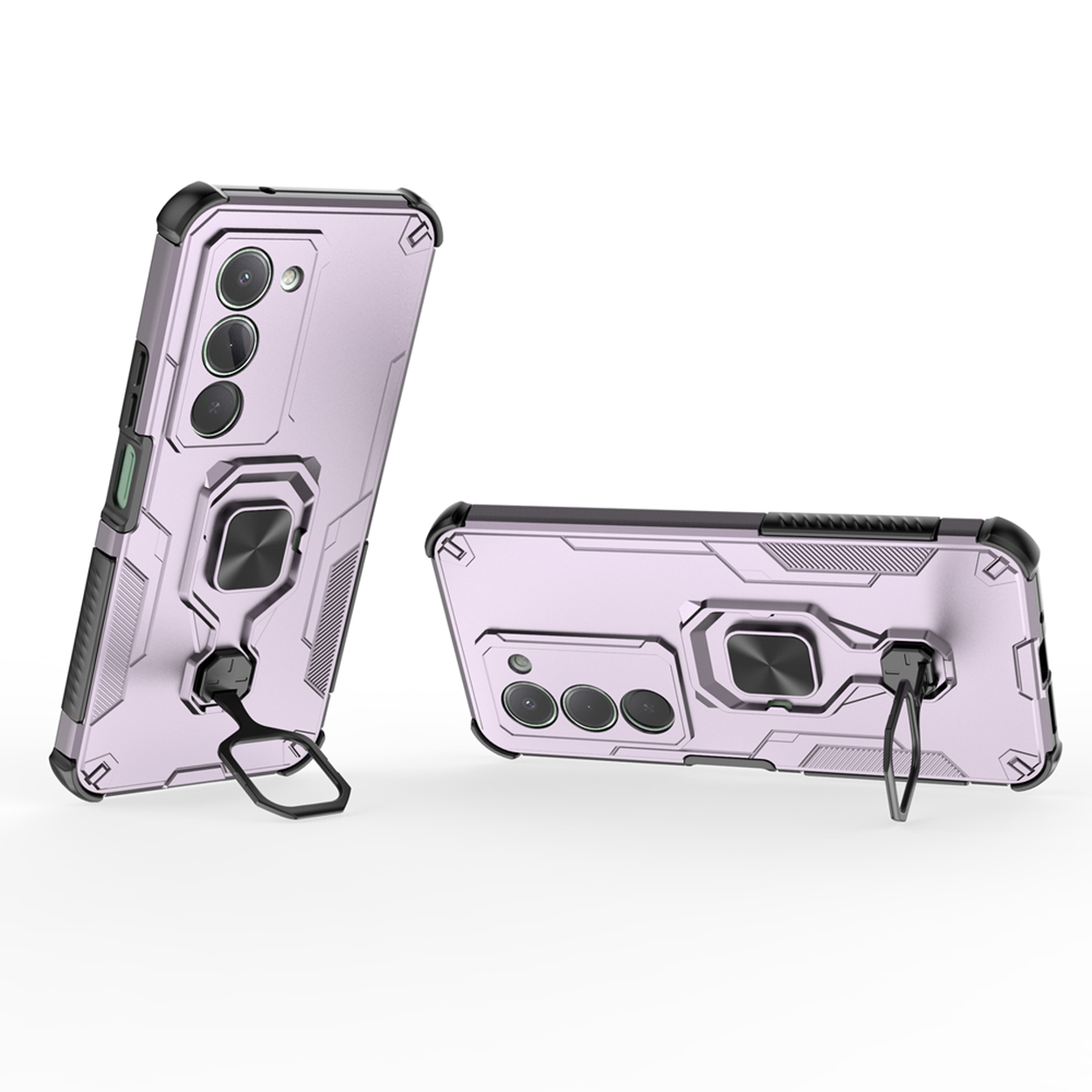 Deux étuis de téléphone lilas avec des accents noirs. Un debout, l'autre à plat. Chacun a un support d'anneau et une découpe de caméra.