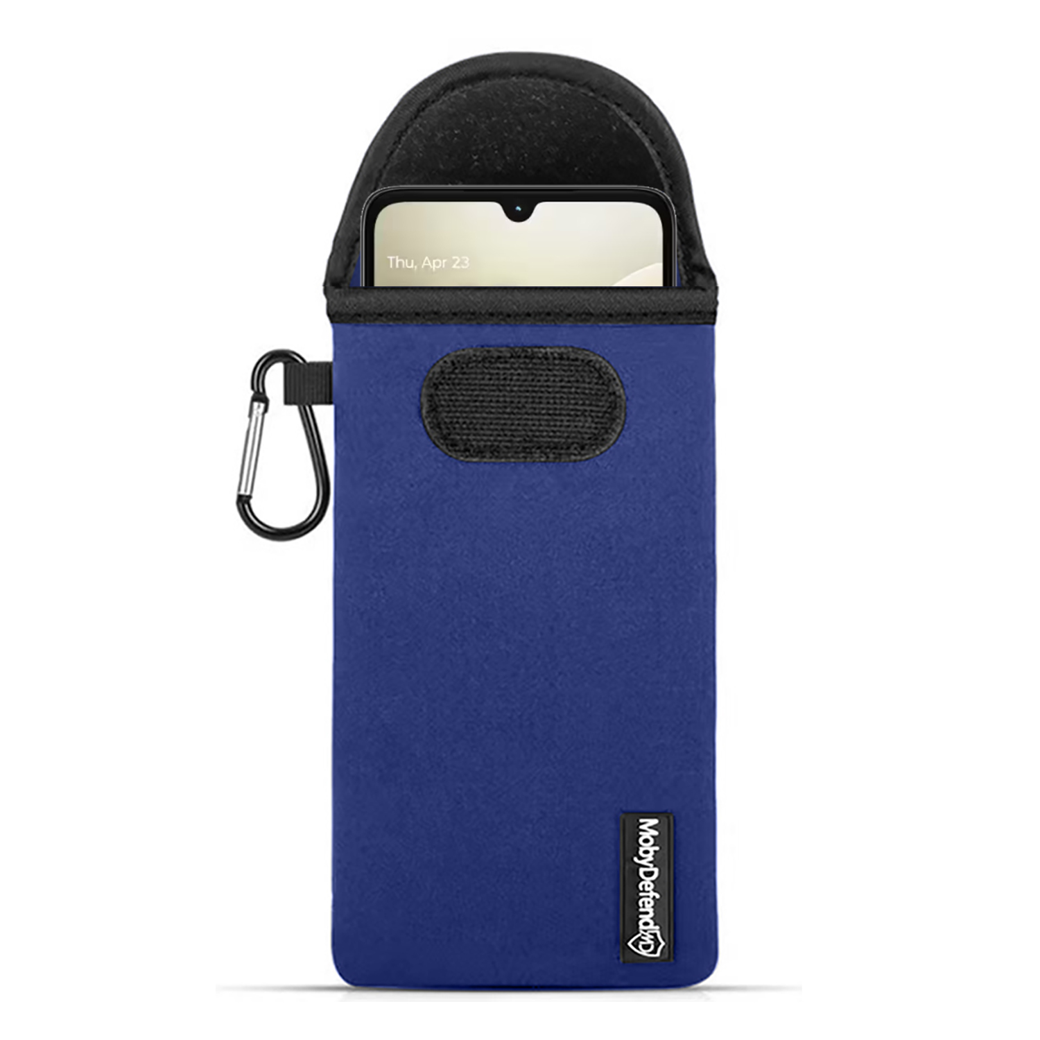 Étui de téléphone bleu avec un téléphone à l'intérieur. Il a un dessus noir, un mousqueton et le logo MobyDefend en bas.