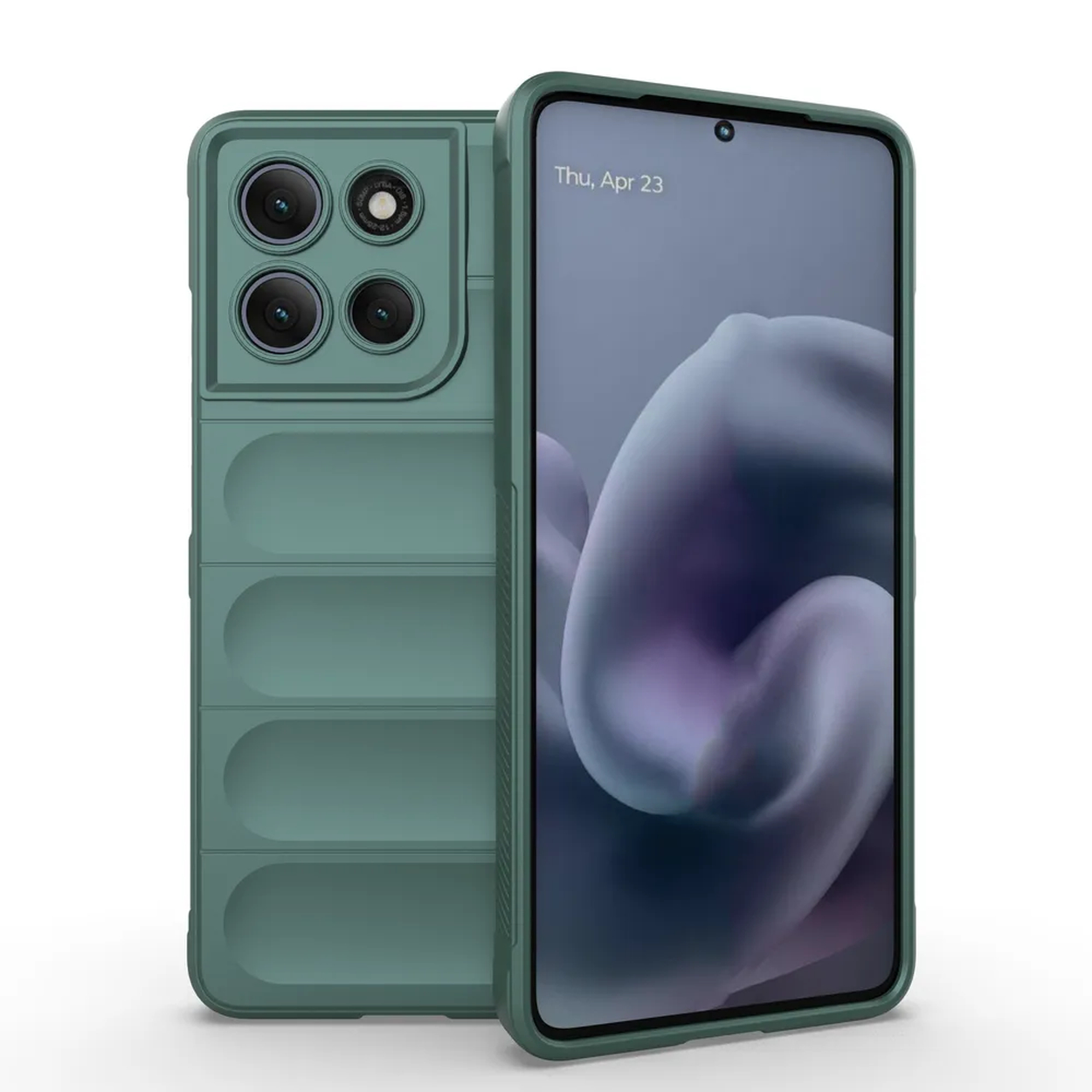 Een teal telefoonhoesje met meerdere cameralenzen. Het telefoonscherm toont een datum. De achtergrond is wit.
