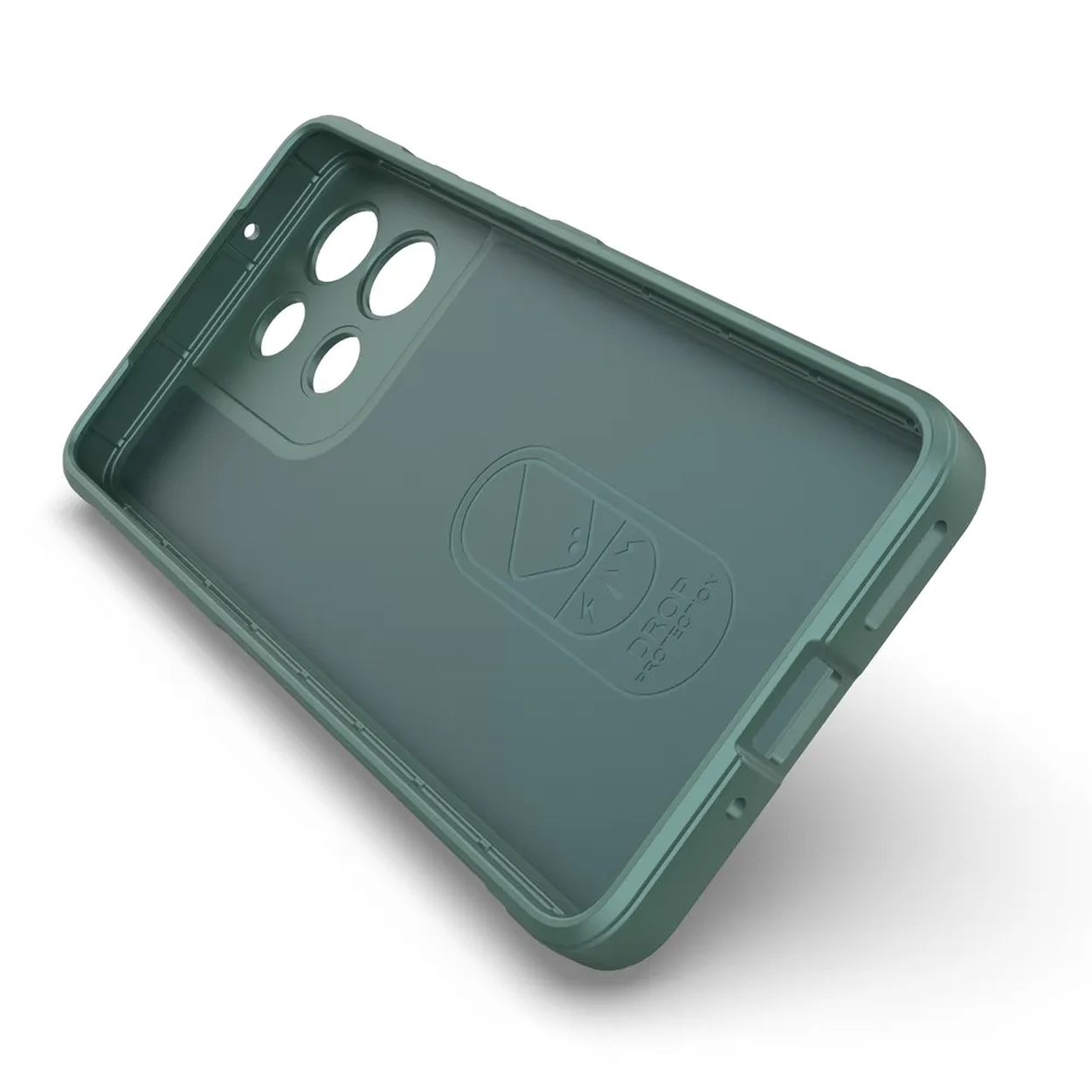 Een open, groene telefoonhoes. Het heeft gaten voor de camera en flitser. De hoes is schuin, de achtergrond is wit.