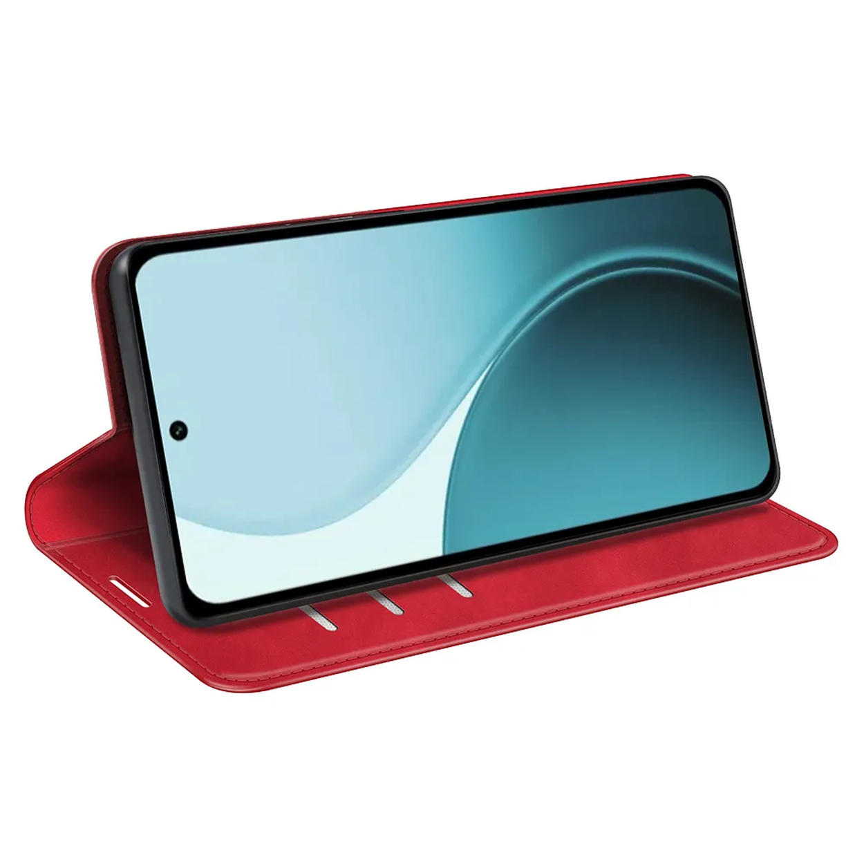 Een smartphone in een rode hoes wordt weergegeven. Het scherm toont een lichtblauw abstract ontwerp. De hoes is open en staat.