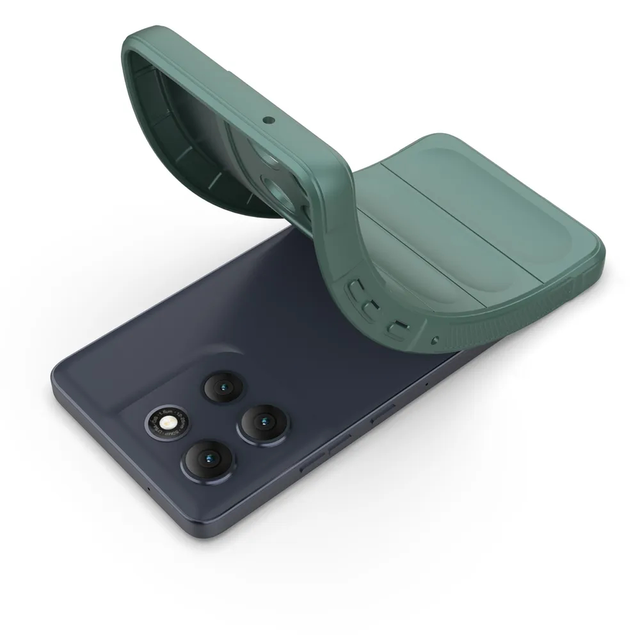 Een teal telefoonhoesje wordt gedeeltelijk opgetild om een donkerblauwe smartphone te onthullen. De telefoon heeft drie cameralenzen.