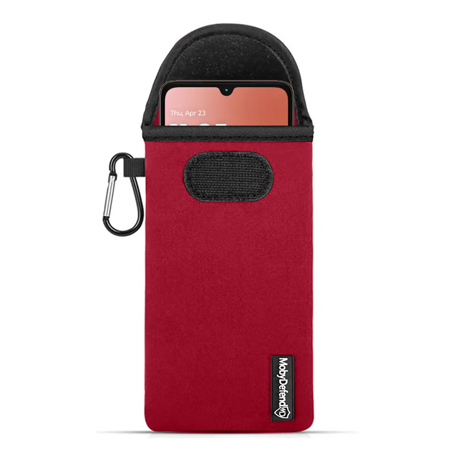 Un étui de téléphone rouge avec le haut noir. Un téléphone à écran rose est à l'intérieur. Un mousqueton noir est accroché sur le côté.