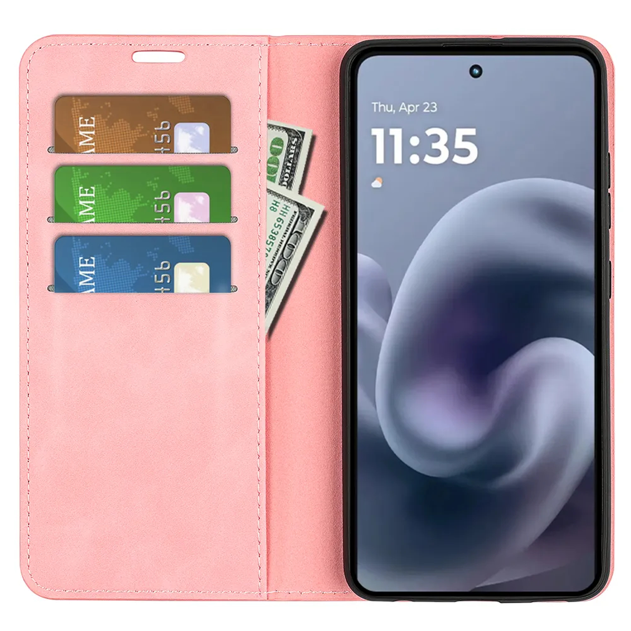 Pink phone case open with phone showing the time. Case has card slots with cards and a 100 dollar bill.