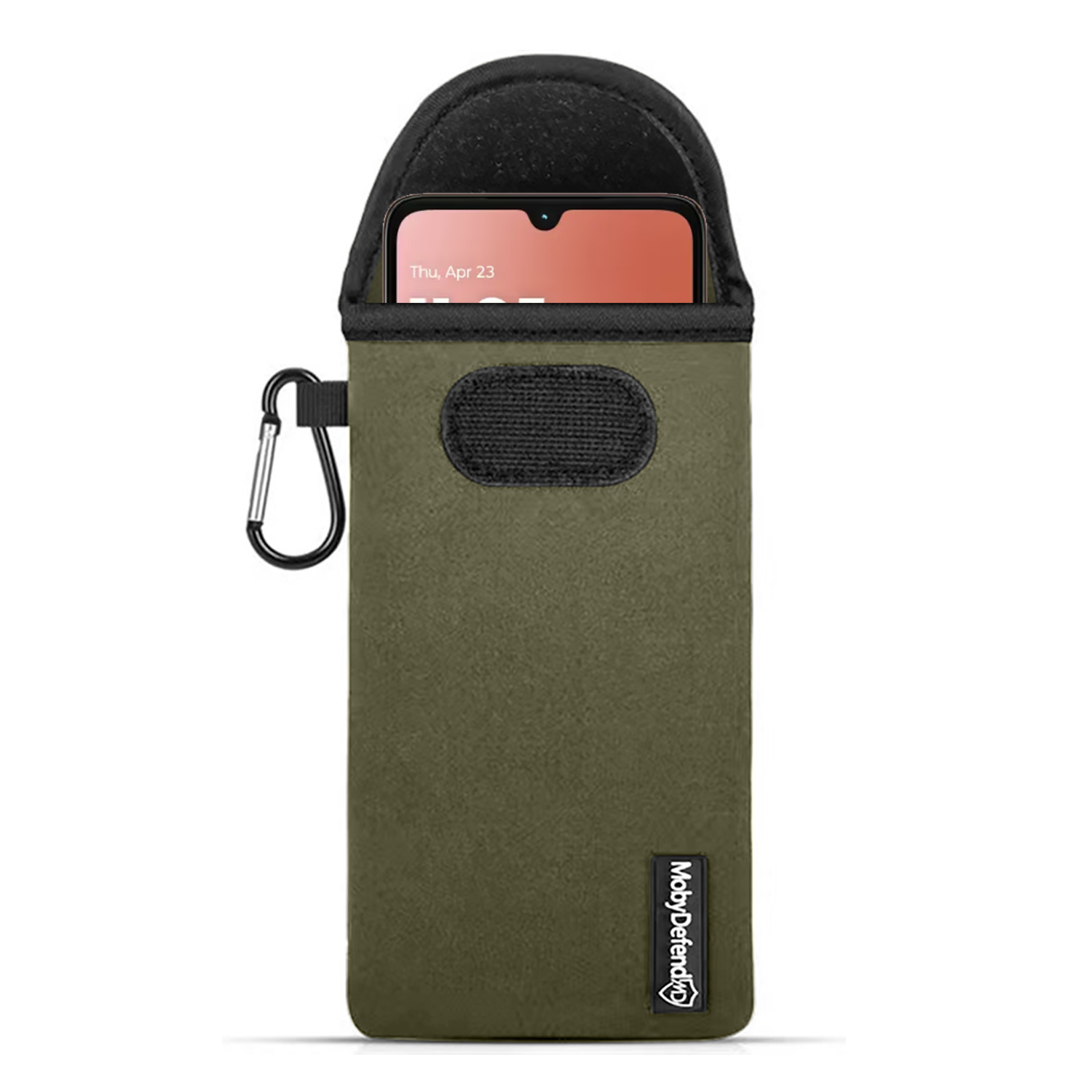 Un étui de téléphone vert olive avec un téléphone à l'intérieur. Il a un dessus noir, un clip latéral et le logo MobyDefend.