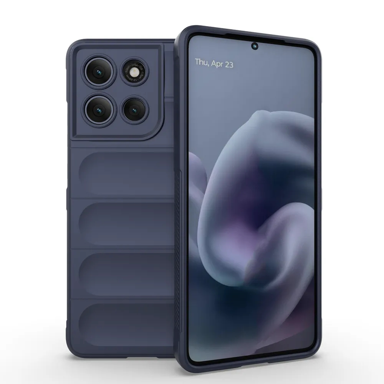 Een donkerblauwe smartphone met bijpassende hoes wordt getoond. Het scherm toont een wazige afbeelding en de datum. De telefoon heeft een cameramodule.