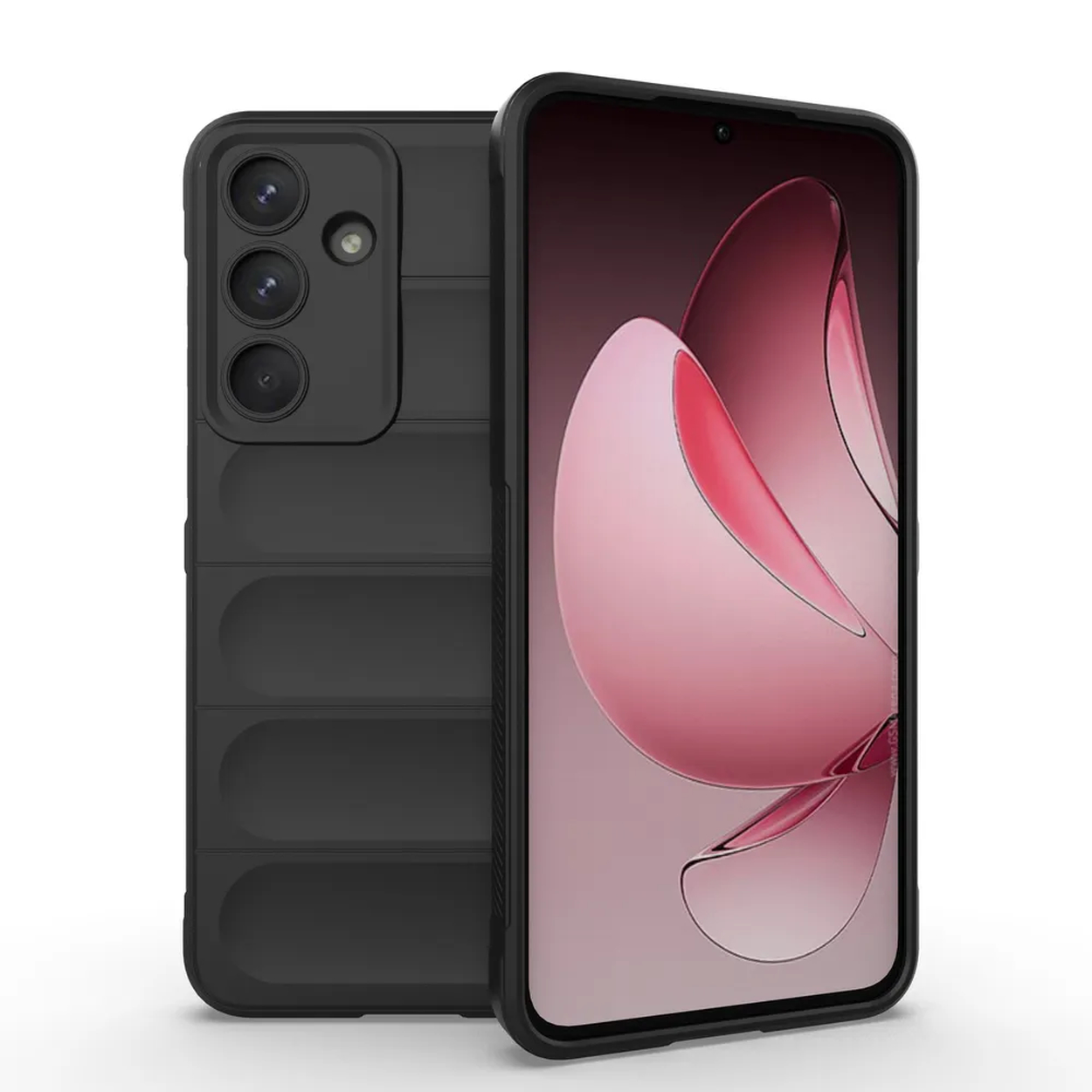 Twee zwarte smartphones. Eén toont een roze en wit abstract ontwerp. De andere heeft een zwarte beschermhoes. Witte achtergrond.