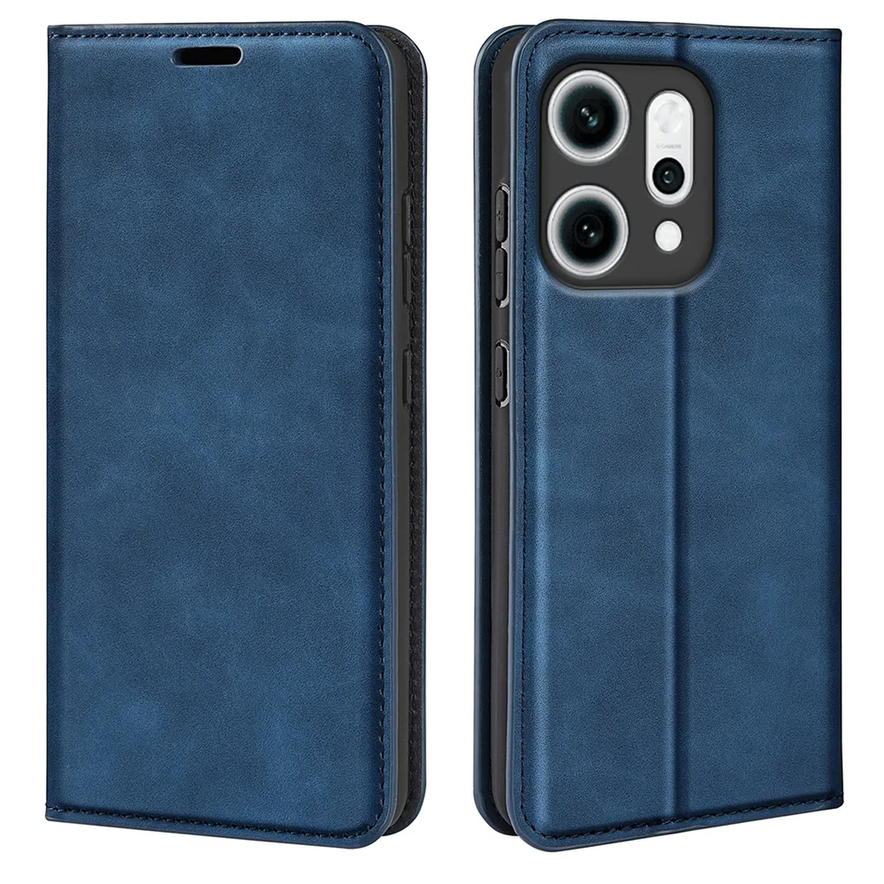 Étui de téléphone en cuir bleu, ouvert et fermé. Montre l'appareil photo et les boutons. Coutures sur les bords. Bleu foncé.