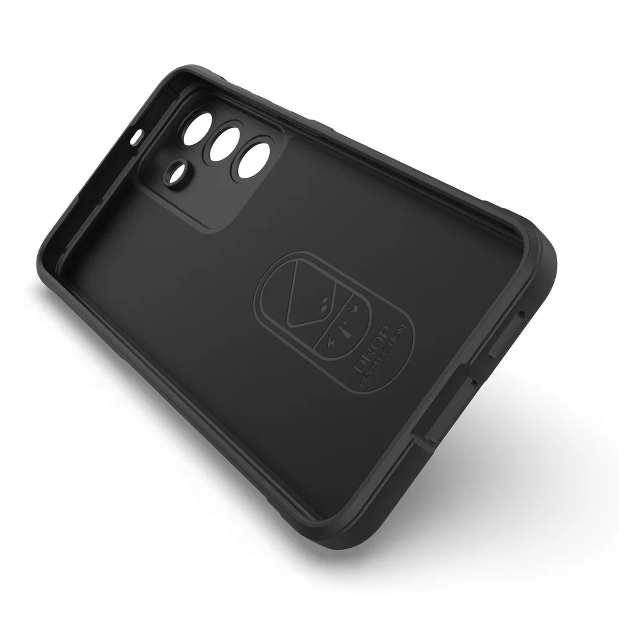 Een zwarte telefoonhoes, schuine weergave. Het heeft openingen voor de camera en knoppen. De binnenkant heeft een logo en ligt op een wit oppervlak.