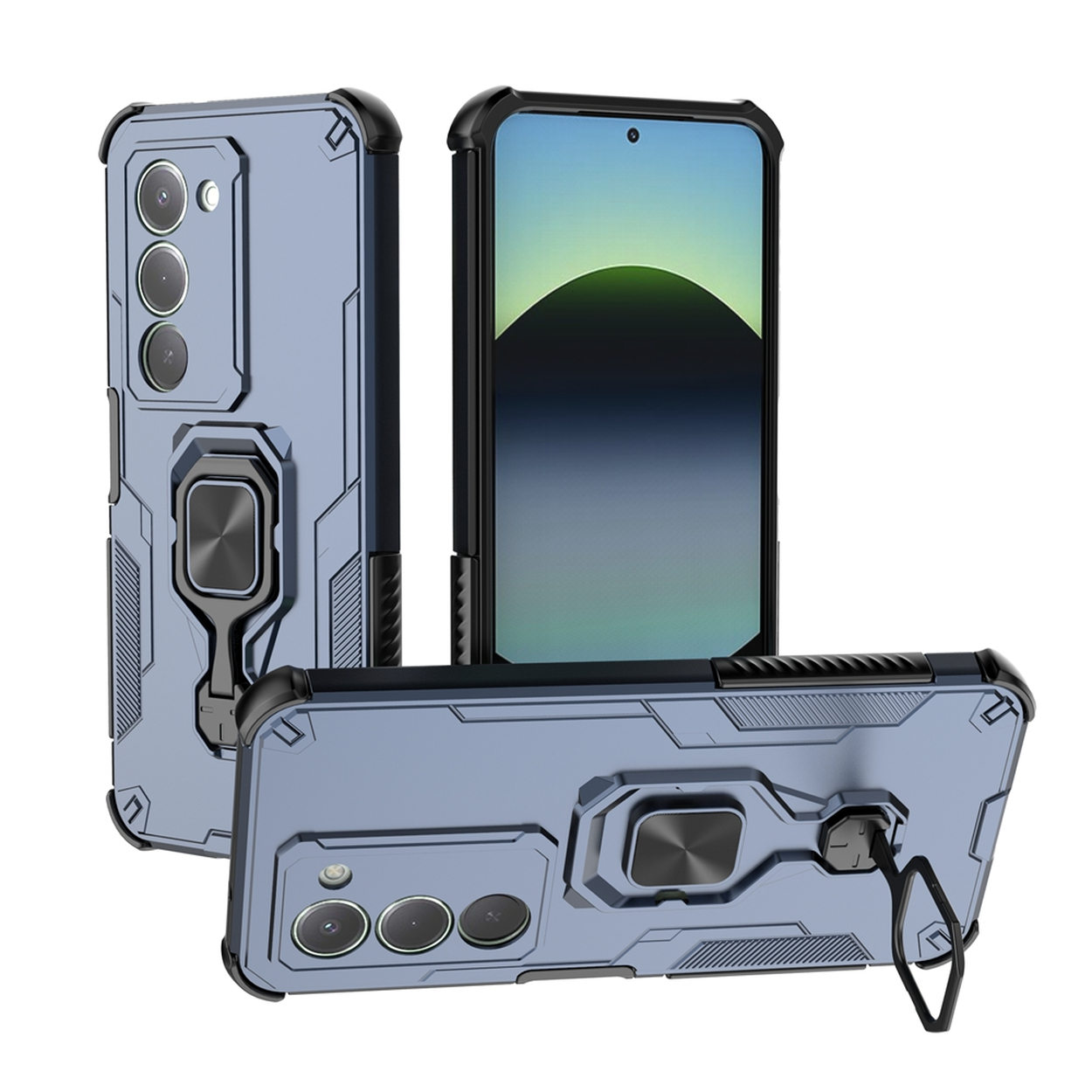 Trois étuis de téléphone bleus avec une bordure noire. L'un a un téléphone à l'intérieur. Tous ont un support d'anneau. Le fond est blanc.