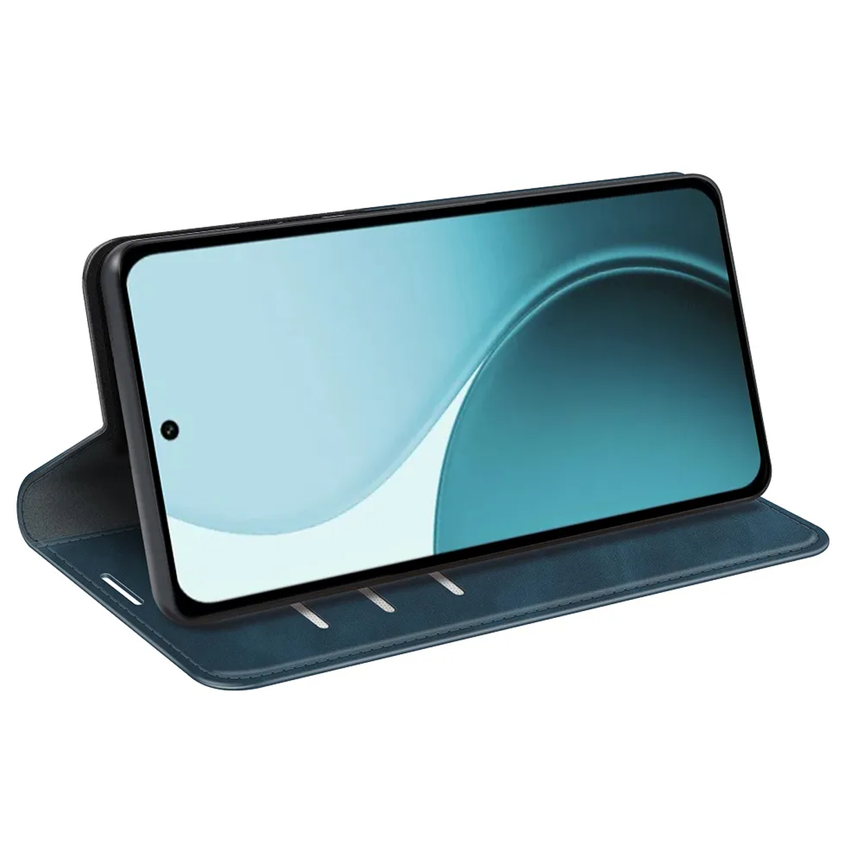 Un smartphone dans un étui bleu, l'écran affichant un dégradé bleu-vert, reposant en angle sur la base de l'étui.