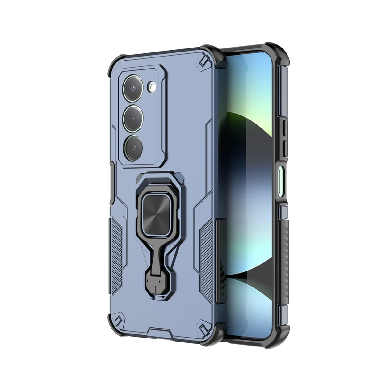 Une coque de téléphone bleue avec un cadre noir et un support d'anneau argenté. L'écran du téléphone est visible.