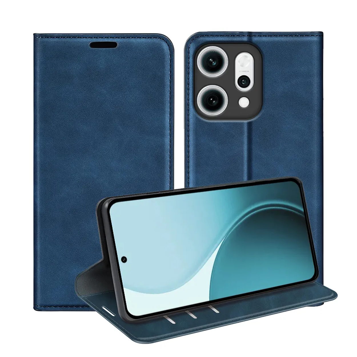 Un étui de téléphone bleu avec un téléphone à l'intérieur. L'étui est ouvert, montrant l'écran du téléphone. L'étui est en cuir.