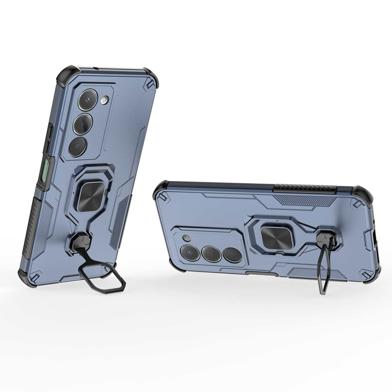 Deux coques de téléphone bleues, une debout, une couchée. Les deux ont un support de bague et des découpes pour l'appareil photo.