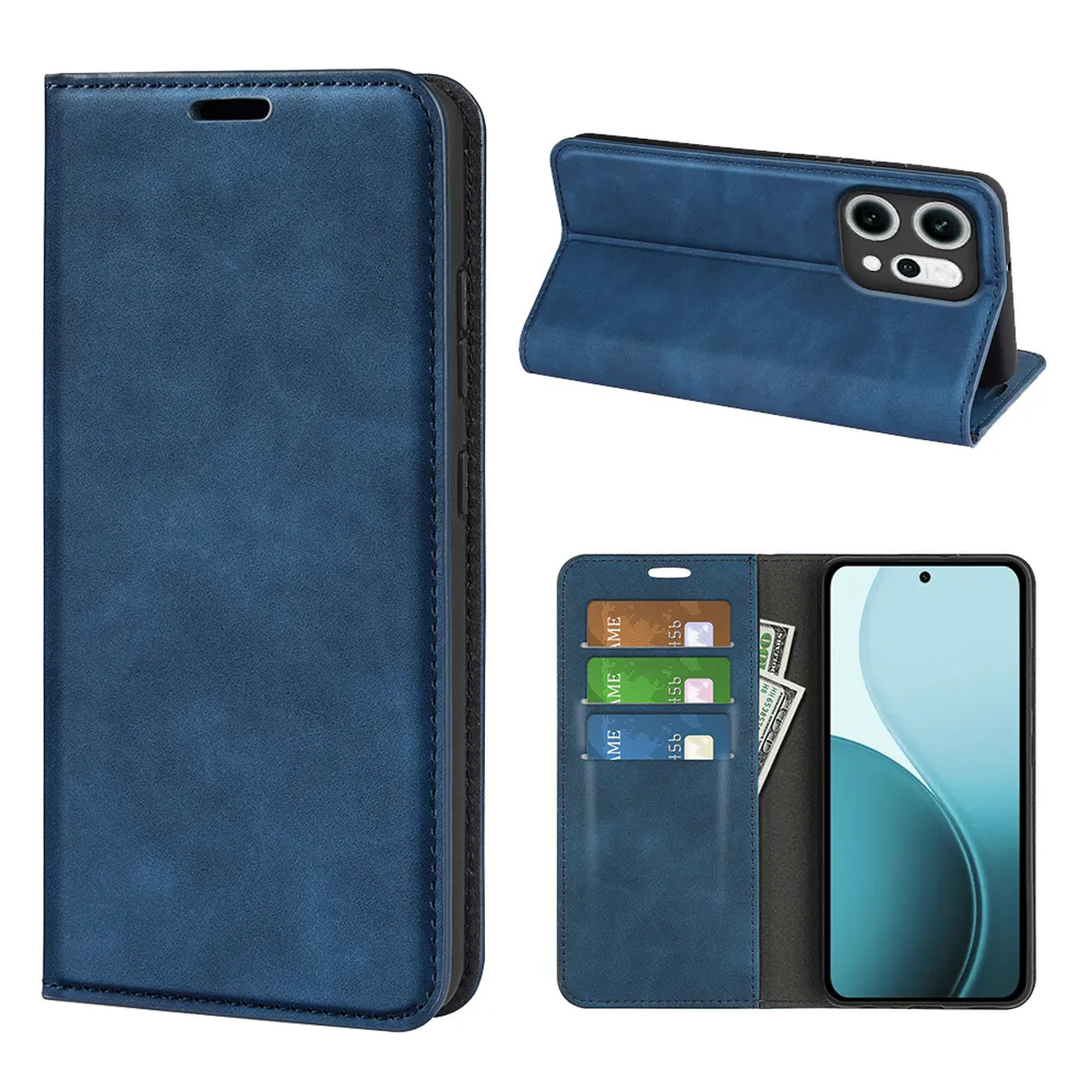 Un étui de téléphone en cuir bleu est présenté sous trois perspectives différentes, ouvert, fermé et avec des cartes et de l'argent à l'intérieur.