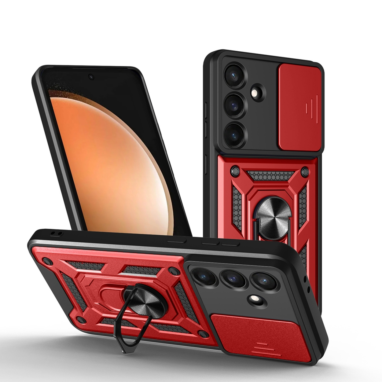 Trois étuis de téléphone, rouges et noirs, avec protection d'appareil photo et supports d'anneau, sont présentés sur fond blanc.