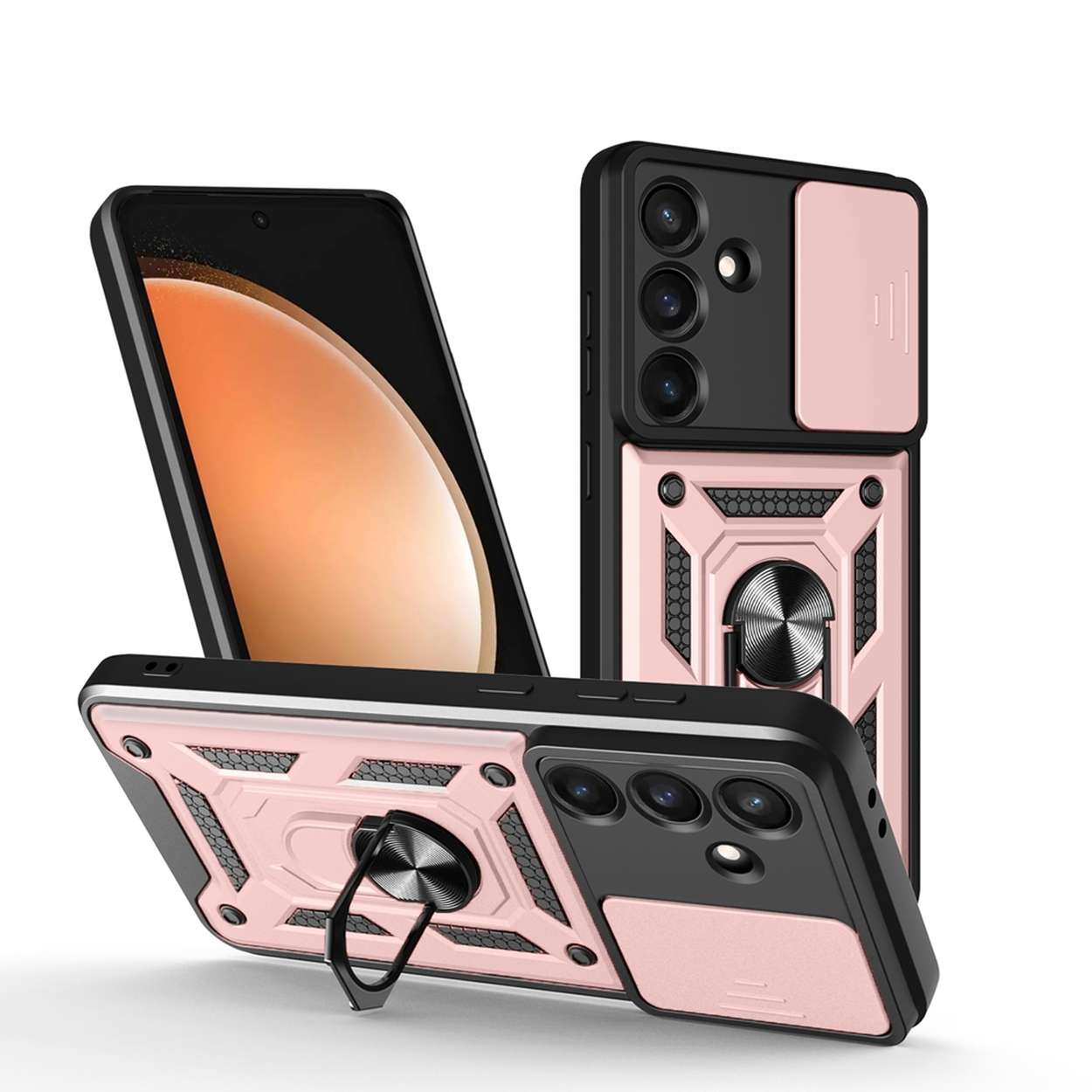 Trois étuis de téléphone noirs et roses sont affichés. Chacun a un support de bague et une protection d'appareil photo, avec un écran de téléphone visible.
