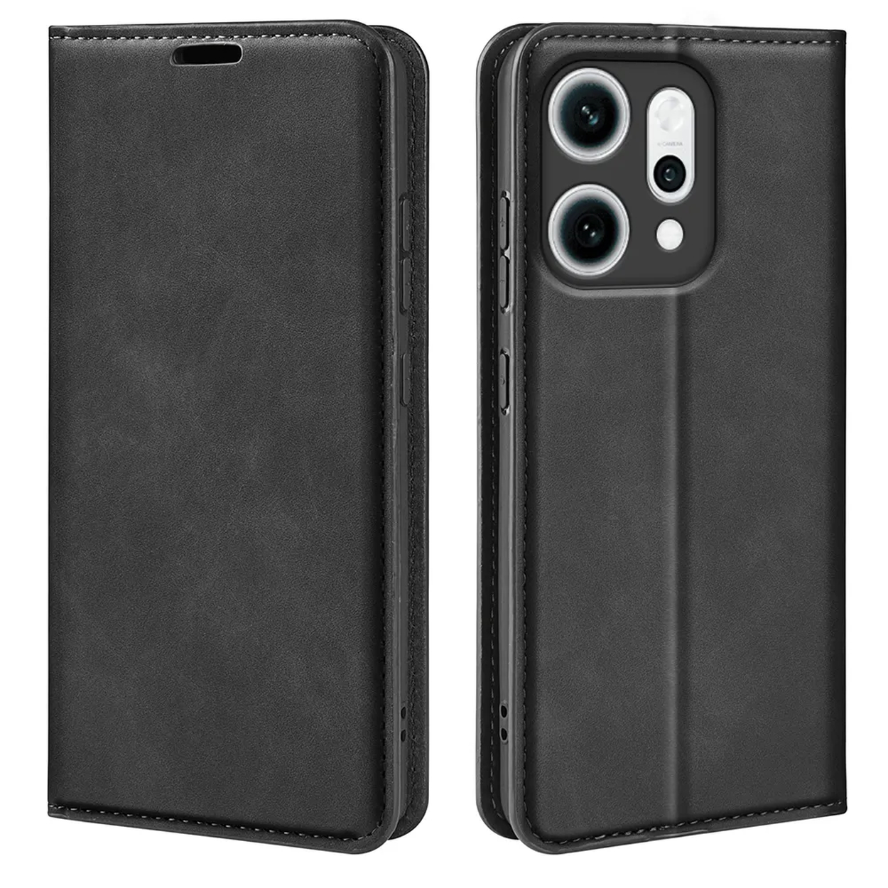 Étui de téléphone en cuir noir ouvert, avec téléphone visible. L'étui a des détails de couture et des objectifs de caméra. Fond uni.